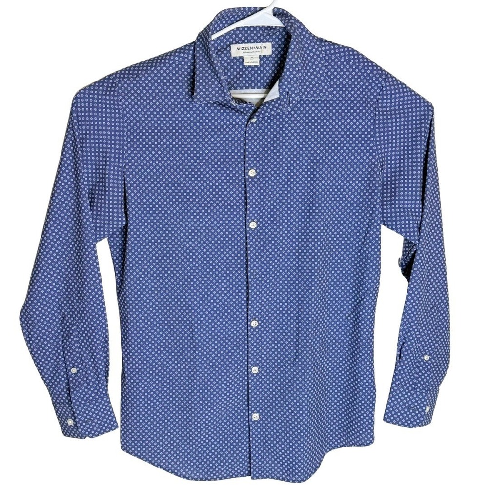 Mizzen and Main Mens Blue‎ Geometric Print Performance Dress Shirt Size M Trim - Picture 2 of 10